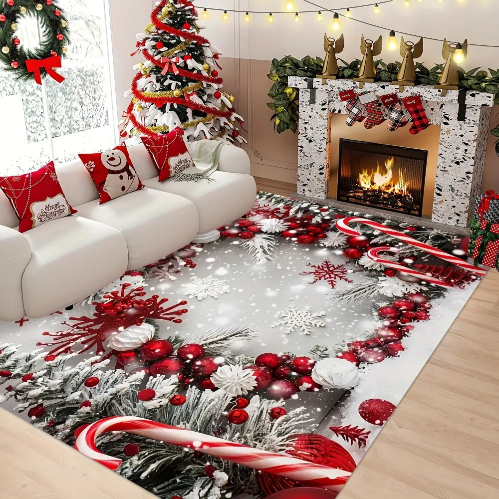 tapis noël rouge blanc gris boules flocons cannes branches salon chambre entrée festive décembre