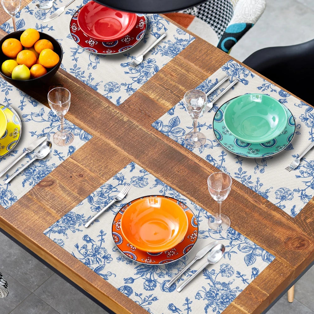 serviettes table lin blanc bleu fleuri classique vintage respectueux environnement opaques