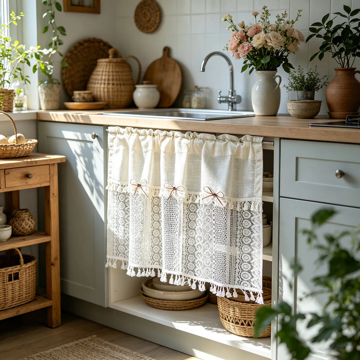 rideau bohème dentelle beige vintage rustique opacité farmhouse décor fenêtre cuisine