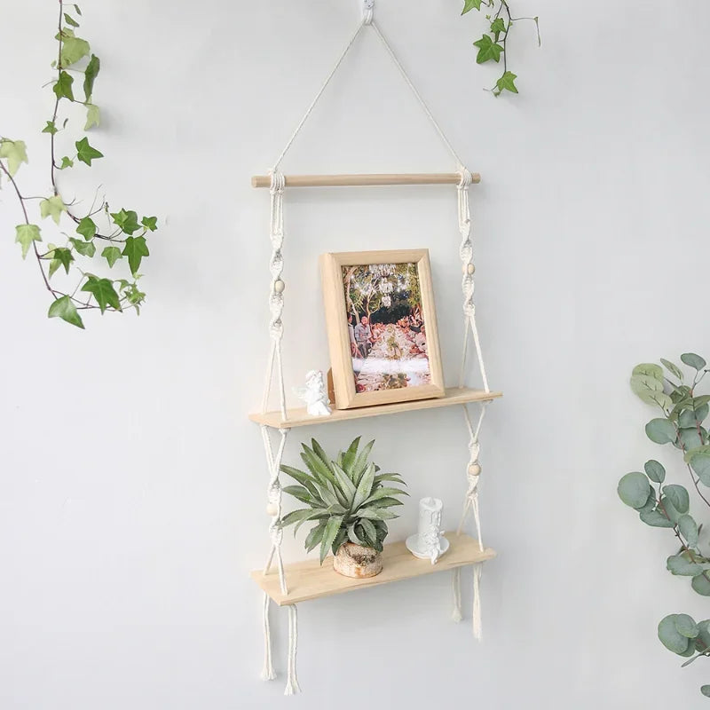 étagères suspendues macramé boho rustique étagères plantes vase céramique cadre photo coussin franges