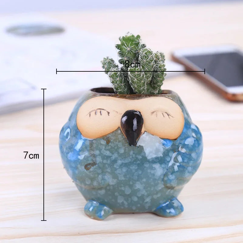 cache pot oiseau bleu beige vert marron texture granulee plantes succulentes deco animalier porcelaineceramique