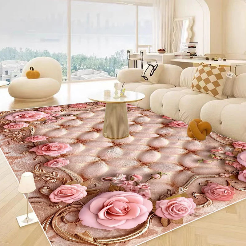 Un élégant tapis fleuri aux tons roses et dorés, qui s'harmonise parfaitement avec le mobilier moderne et épuré de ce salon lumineux.