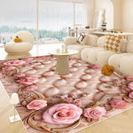 Un élégant tapis fleuri aux tons roses et dorés, qui s'harmonise parfaitement avec le mobilier moderne et épuré de ce salon lumineux.