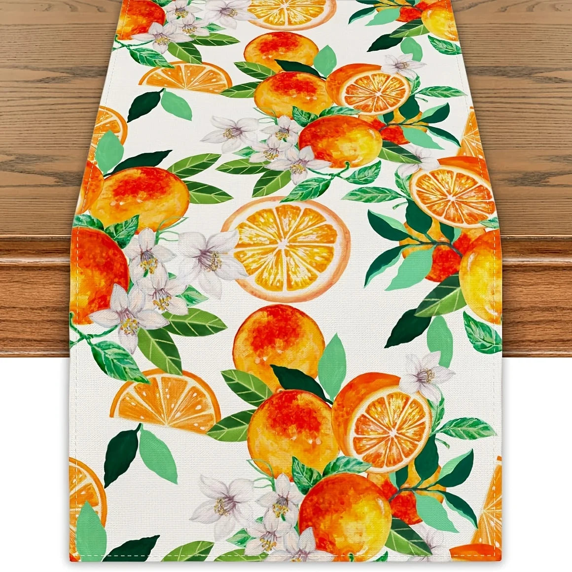 nappe lin motif oranges fleurs blanches feuilles vertes deco table rustique orange blanc vert