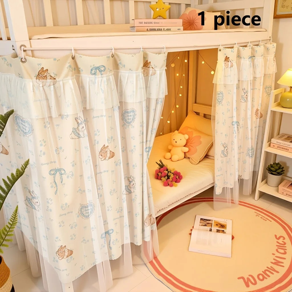 rideau lit enfant motif animaux blanc beige rose tulle semi transparent fronces rubans métalliques