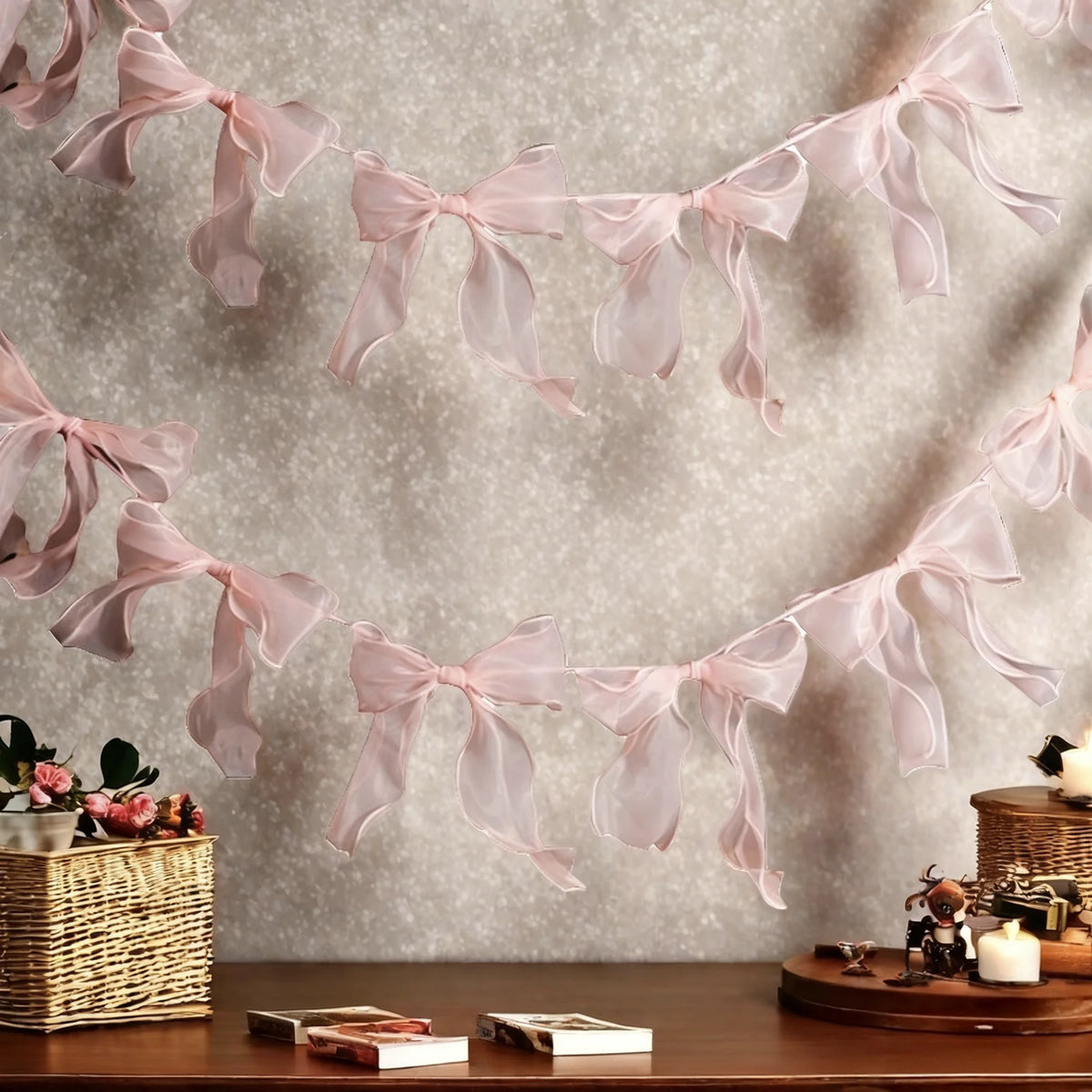 guirlande décorative festives rose noeuds tissu texturé semi transparent mariage anniversaire fille préparation naissance