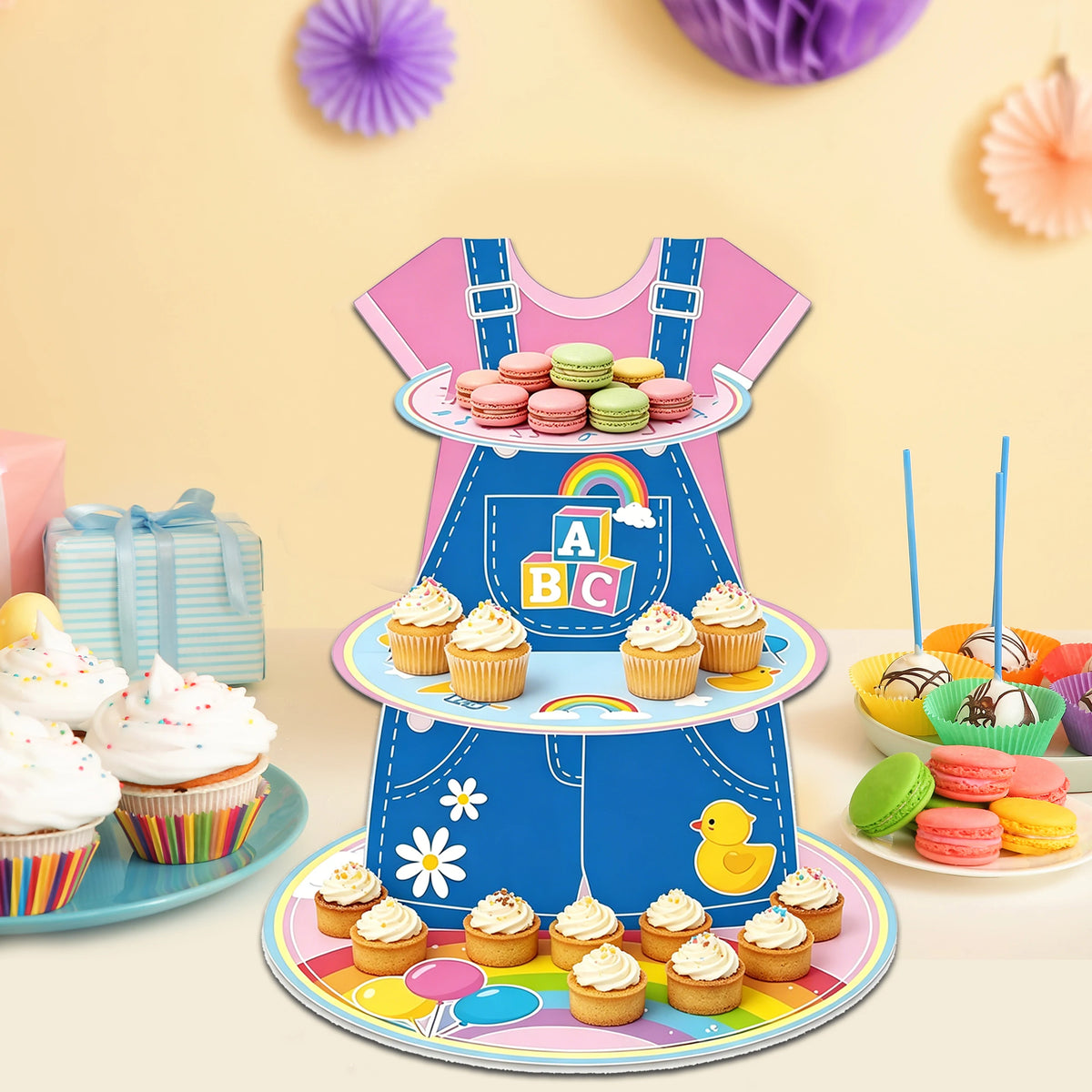 support gâteaux anniversaire enfantin rose bleu lettres arc ciel cupcakes