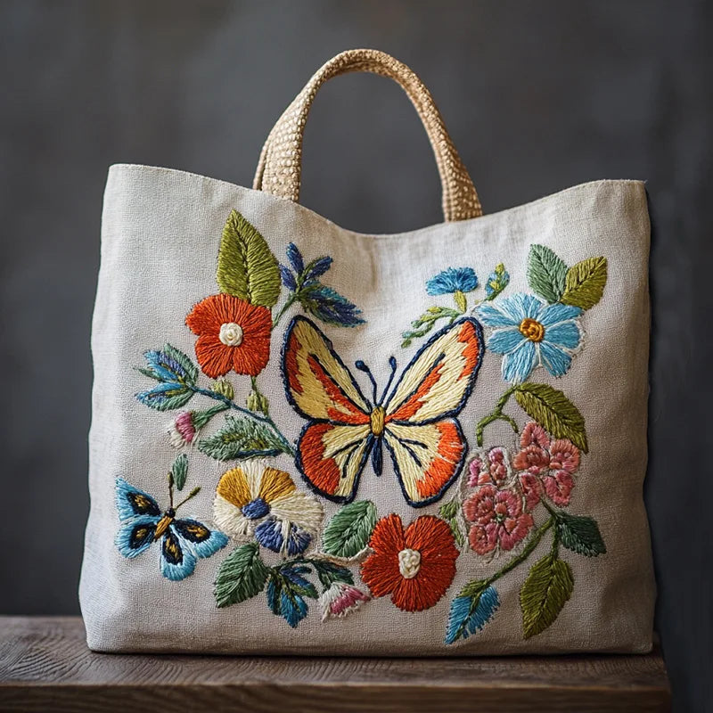sac main brodé papillons fleurs boho chic poignées cuir opaque multicolore coton artisanal