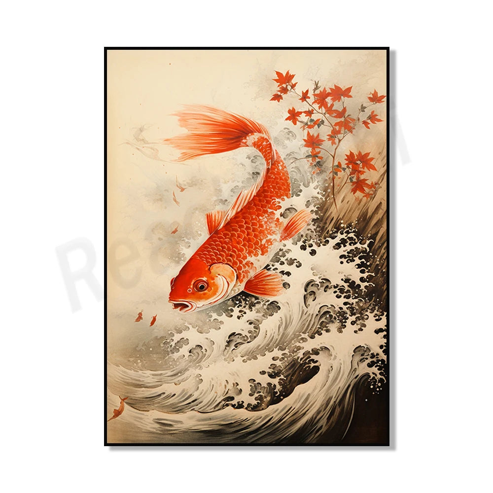 Un magnifique poisson koi rouge nageant dans des eaux agitées, avec des feuilles d'érable rougeoyantes en arrière-plan, créant une scène paisible et harmonieuse.