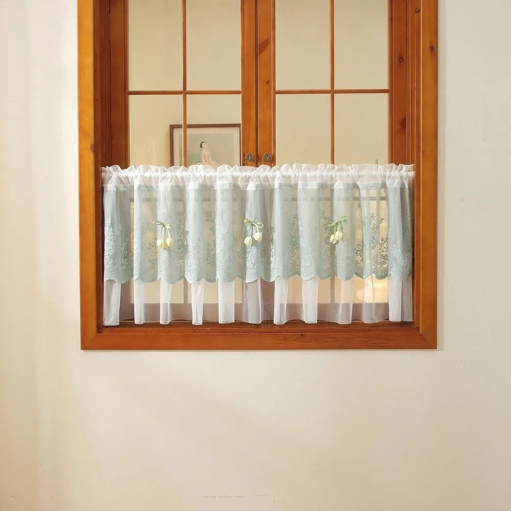 rideau brodé fleurs papillons bleu clair blanc transparent classique polyester