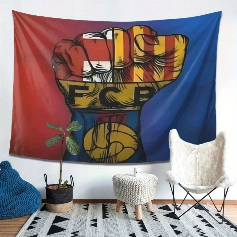 tapisserie pop art poing levé fcb football rouge bleu chambre salon decoration murale polyester