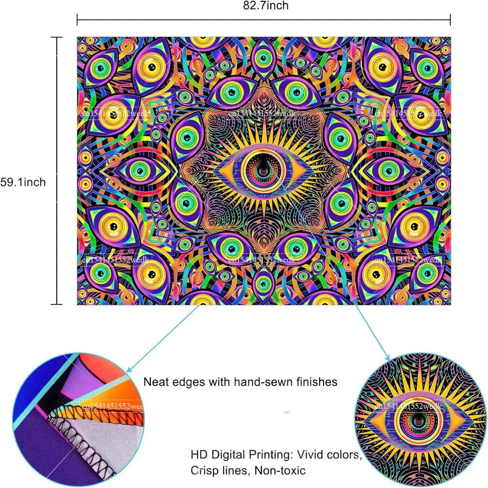 tapisserie murale multicolore oeil stylisé motifs géométriques artificielle psychédélique uv reactive