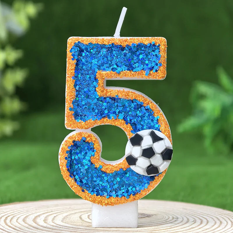bougies numéraires pailletées thème football anniversaire bleu doré blanc