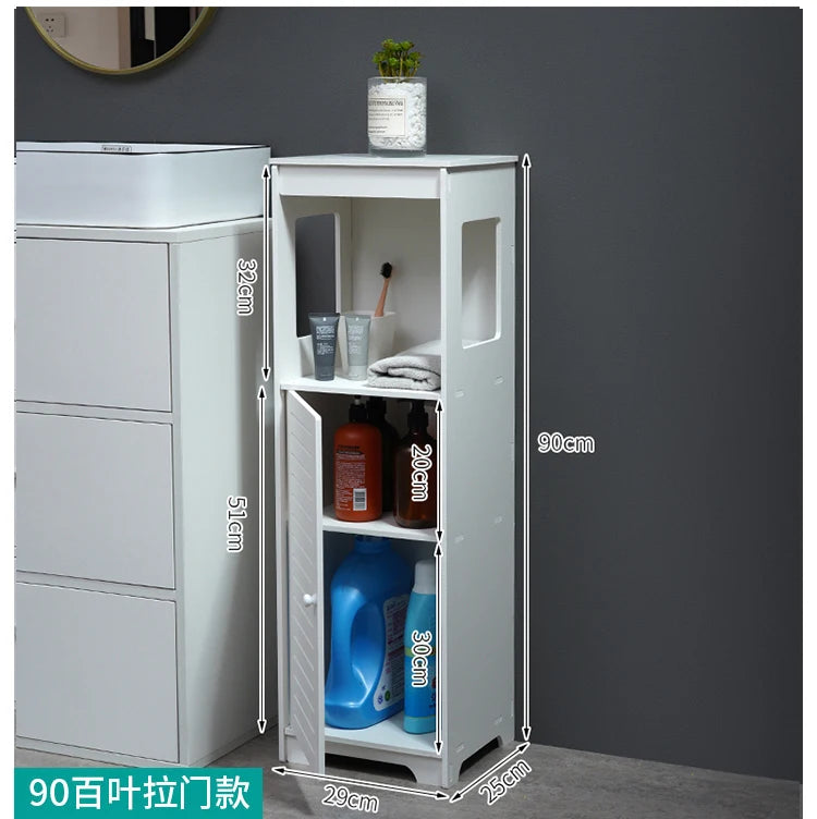 meuble rangement salle bain blanc moderne tiroir déchets étagères étroites