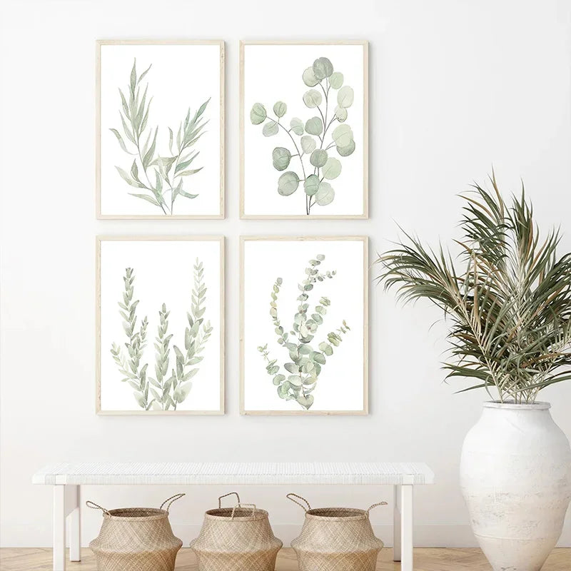 affiches murales toile feuilles stylisées minimaliste naturel vert clair blanc encadrées