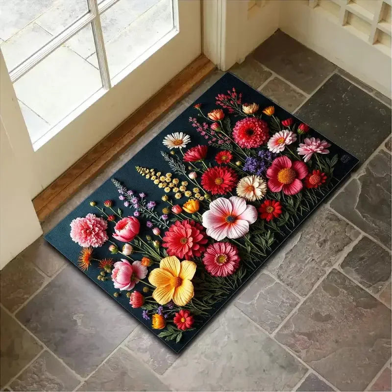 tapis sol intérieur extérieur motif fleurs colorées moderne antidérapant polyester décoration maison salon