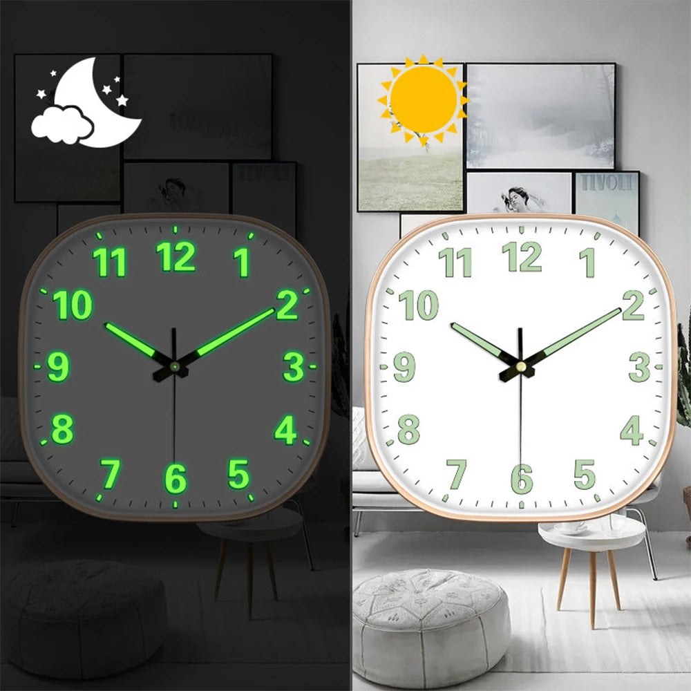 horloge murale moderne numéros lumineux vert cadre noir quartz aiguille simple transparente chambre salon