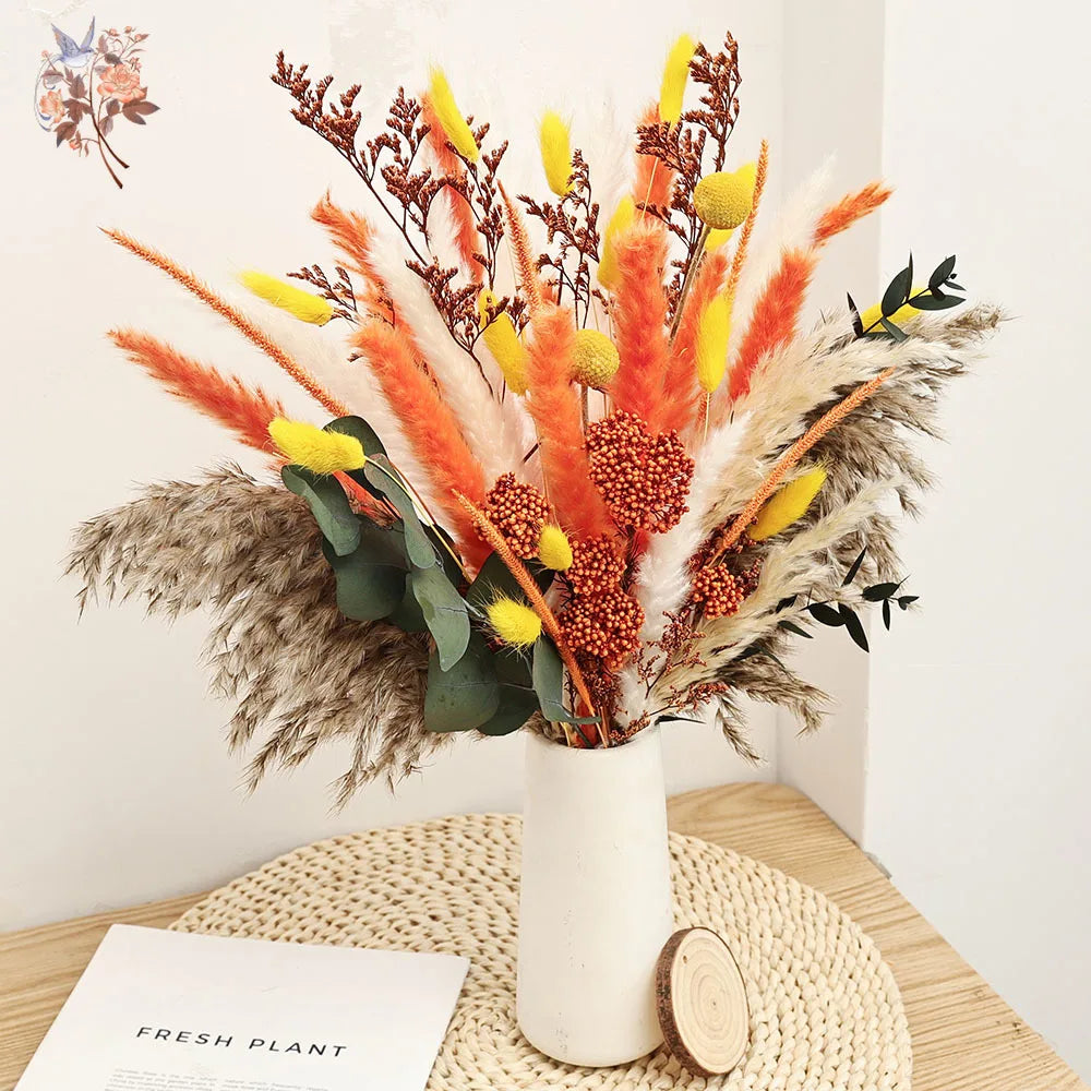 décoration boho bouquet séché eucalyptus pampas feuilles graminées vase naturel orange jaune