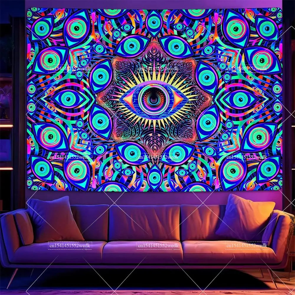 tapisserie murale multicolore oeil stylisé motifs géométriques artificielle psychédélique uv reactive