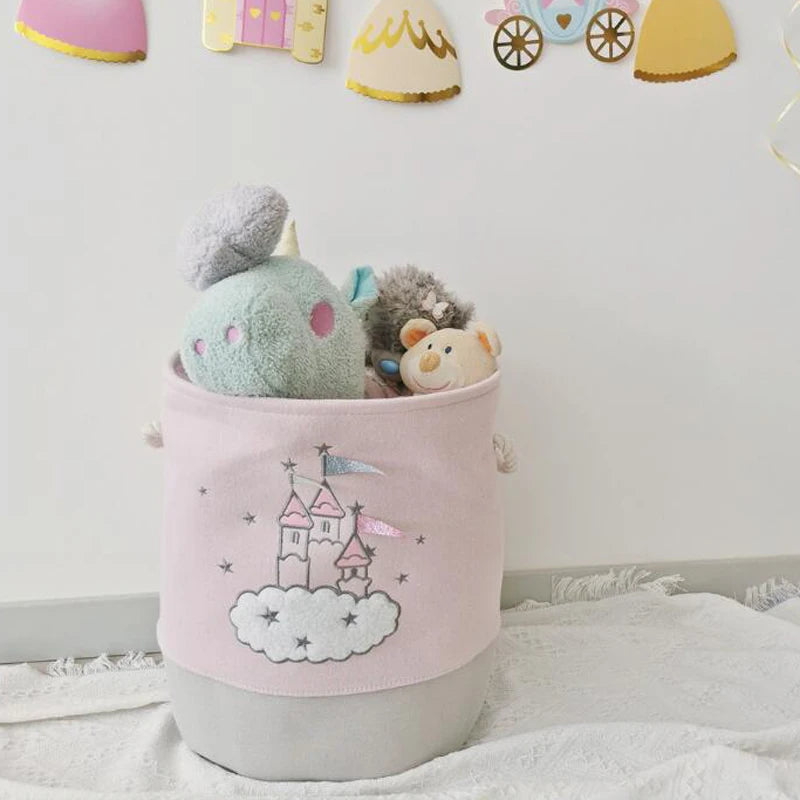 panier rangement rose gris château nuages étoiles poignées tissu pliable enfant conte fées