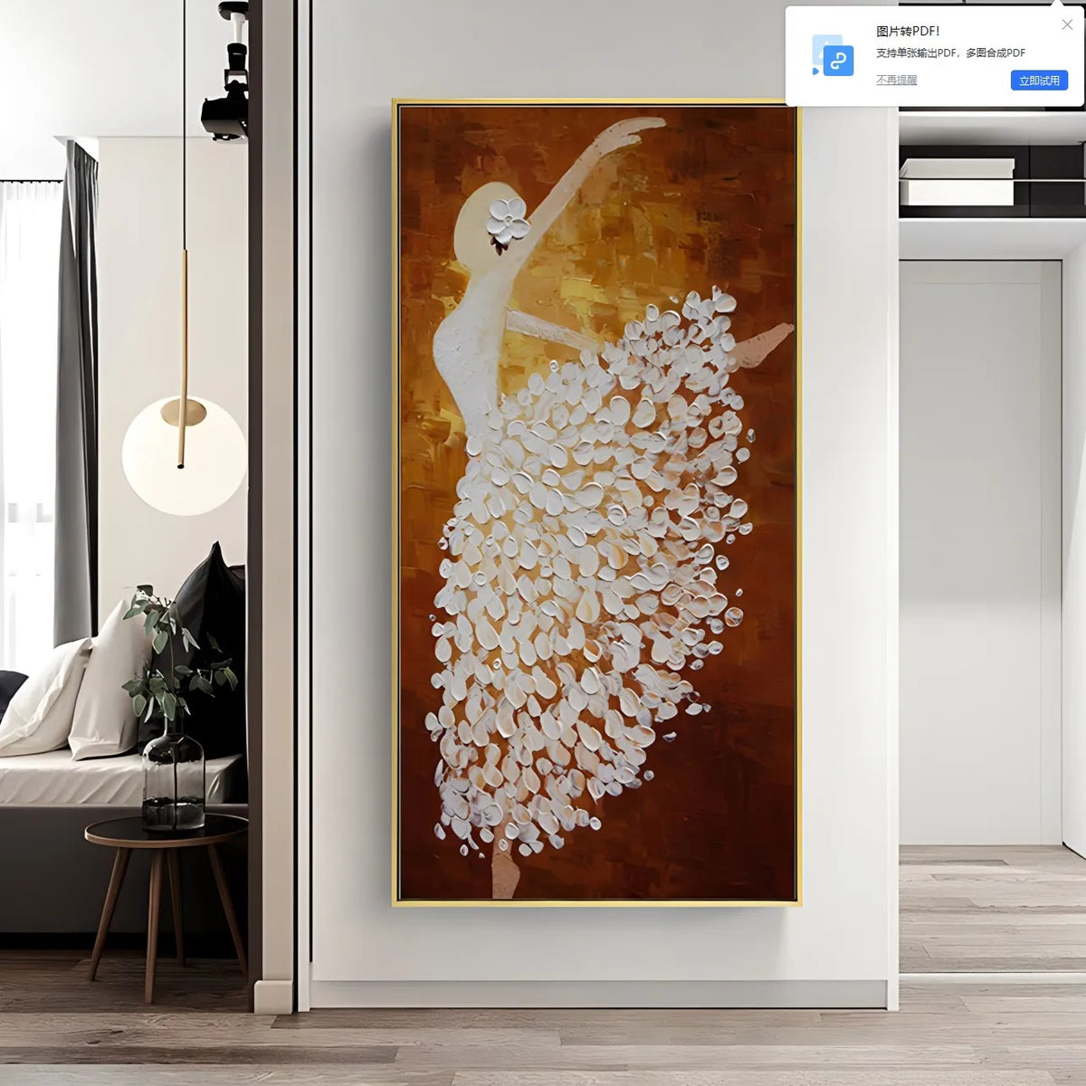 peinture abstraite danseuse contemporaine toile lin cadre doré salon décoration maison blanc marron
