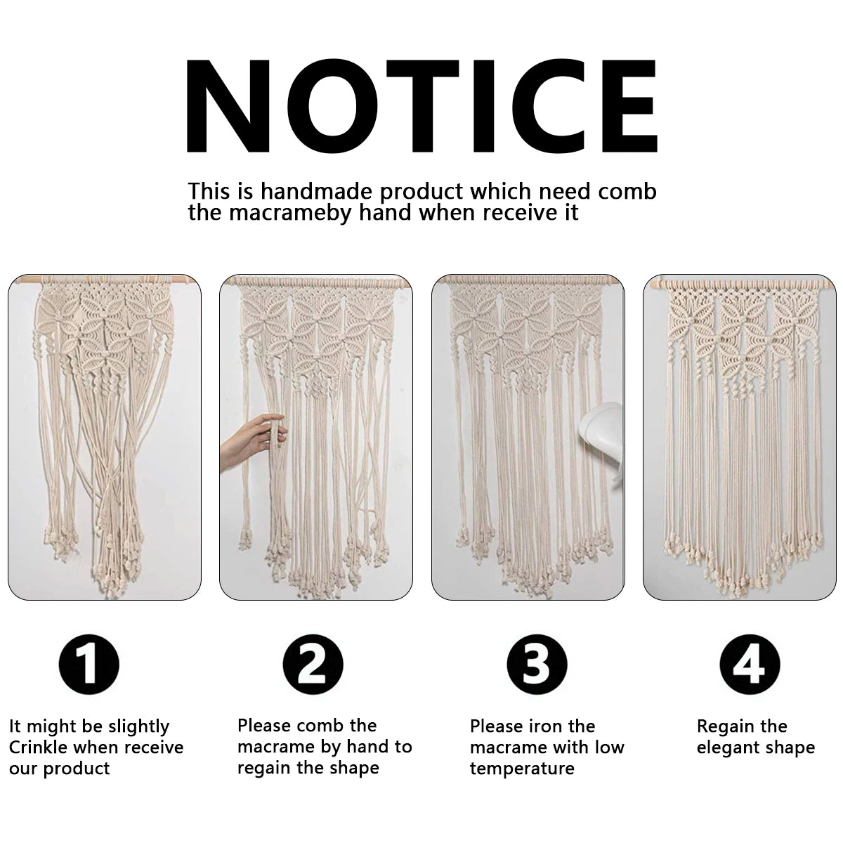 tapisserie murale macramé boho beige clair motif géométrique texture tissée crochet boisSuspensionruban
