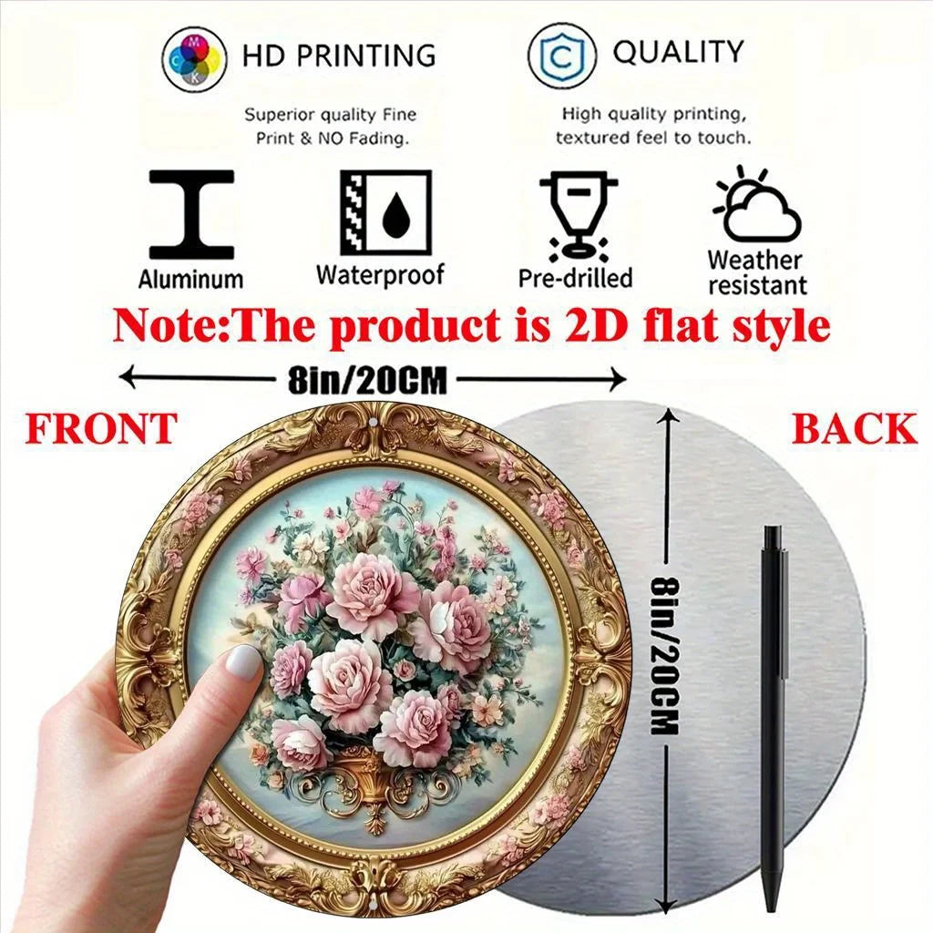 plaque murale fleurs roses blanches fond bleu cadre doré motif floral classique baroque 20cm
