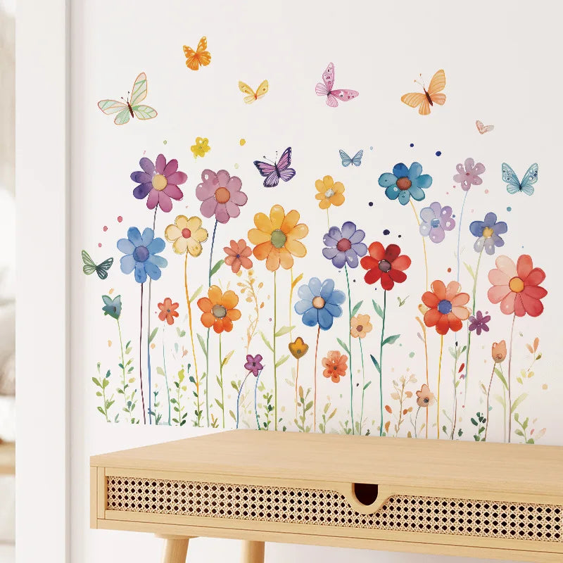 sticker mural fleurs papillons watercolor multicolore decoratif enfantin adhésif salon chambre deco maison