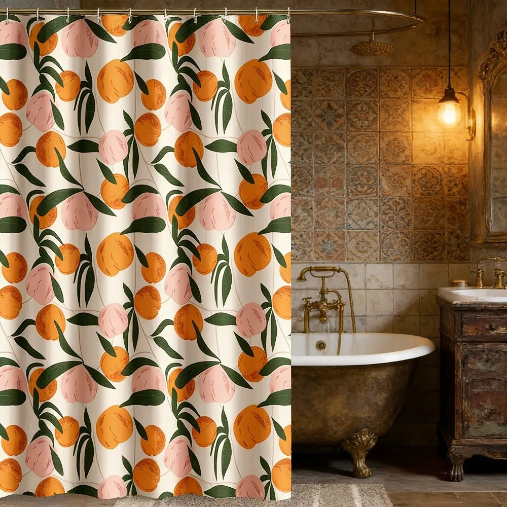 rideau douche moderne orange pêches feuilles anti moisissure opaques polyester anneaux