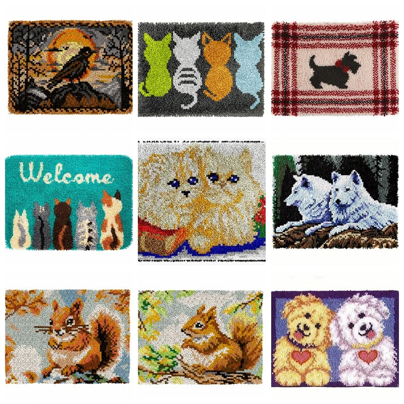 kit broderie tapis crochet motif chat oiseau animaux décoratif textile fait main adulte