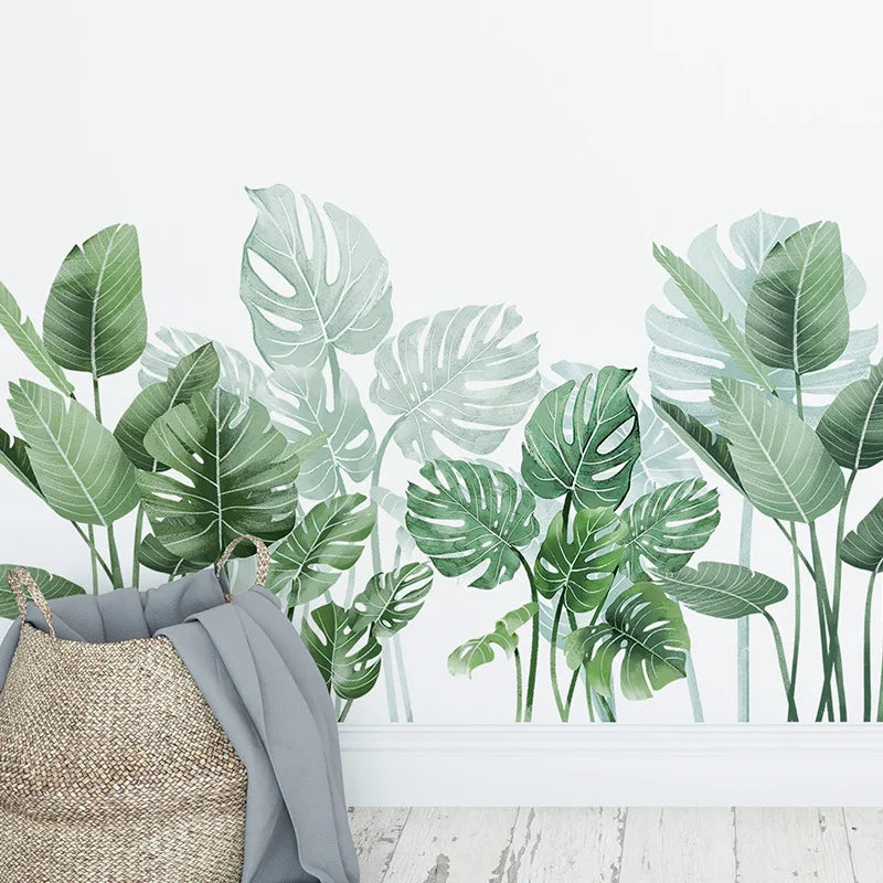 sticker mural moderne feuilles tropicales autocollant adhésif chambre verte blanc