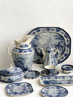 service thé céramique blanc bleu toile jouy poignées théière caféière soupière tasses