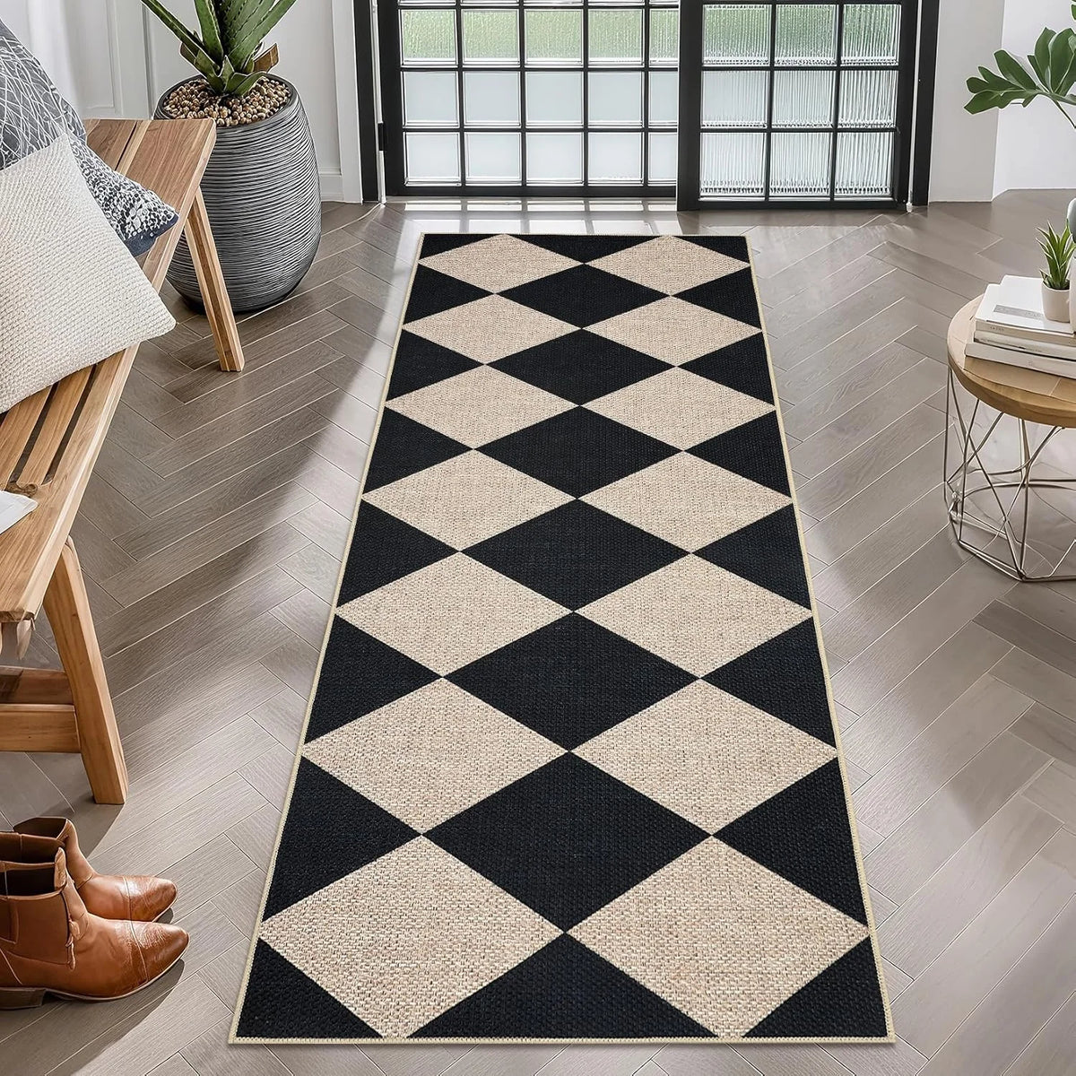 tapis moderne noir beige carreaux géométriques antidérapant polyester extérieur sol légèrement rugueux