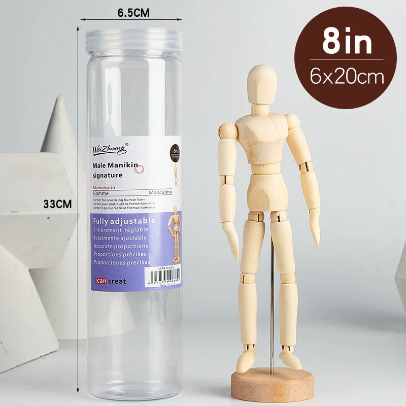 mannequins articulés bois classiques tailles diverses naturel clair base circulaire minimalistes adultes