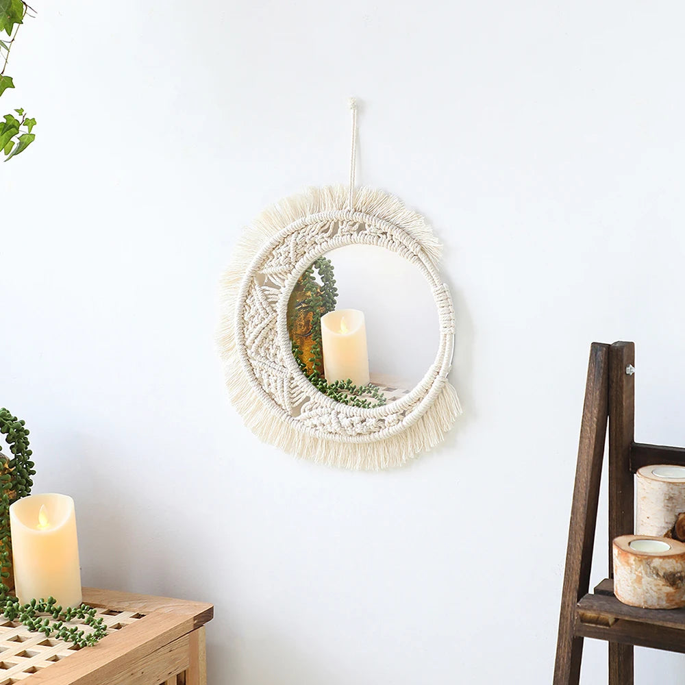 miroir décoratif boho blanc beige macramé franges artisanal