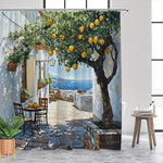 rideau douche polyester scène méditerranéenne citronnier mer décor élégant vert jaune blanc bleu marron