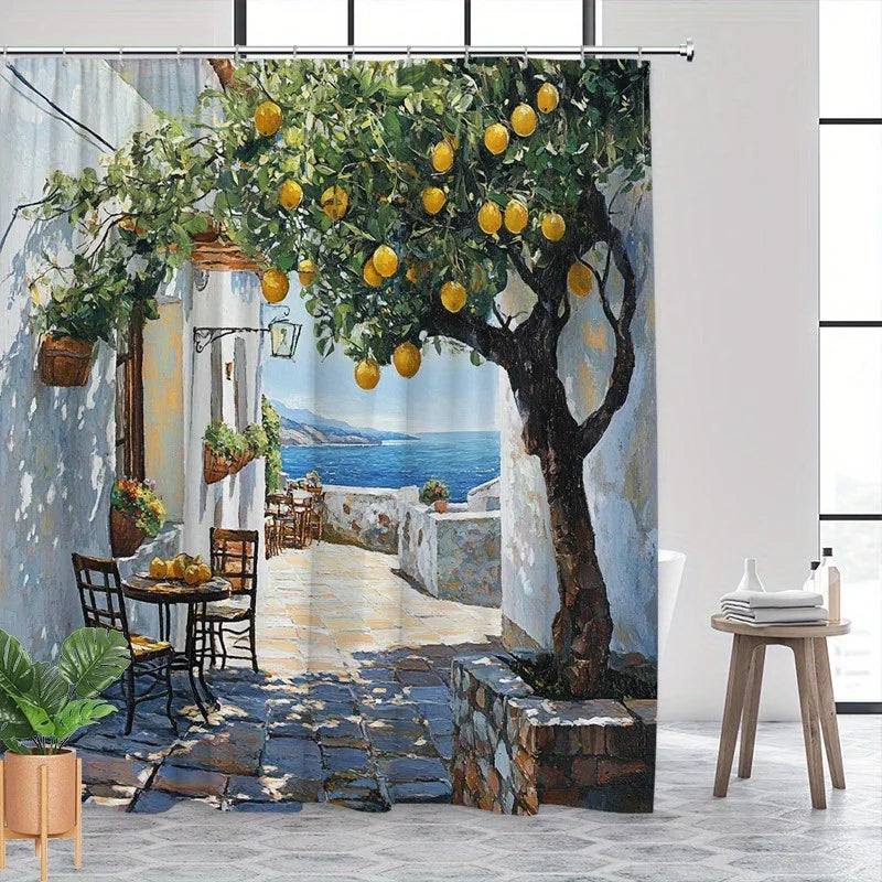 rideau douche polyester scène méditerranéenne citronnier mer décor élégant vert jaune blanc bleu marron