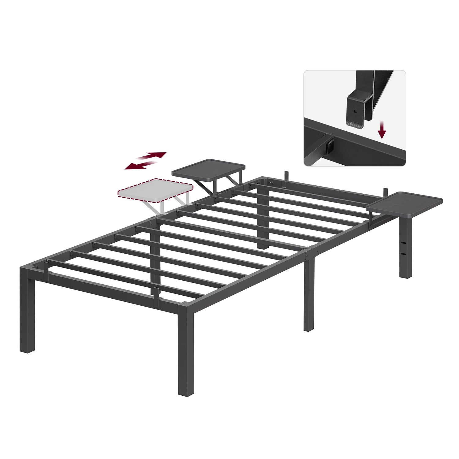 Détail des étagères intégrées du cadre de lit noir