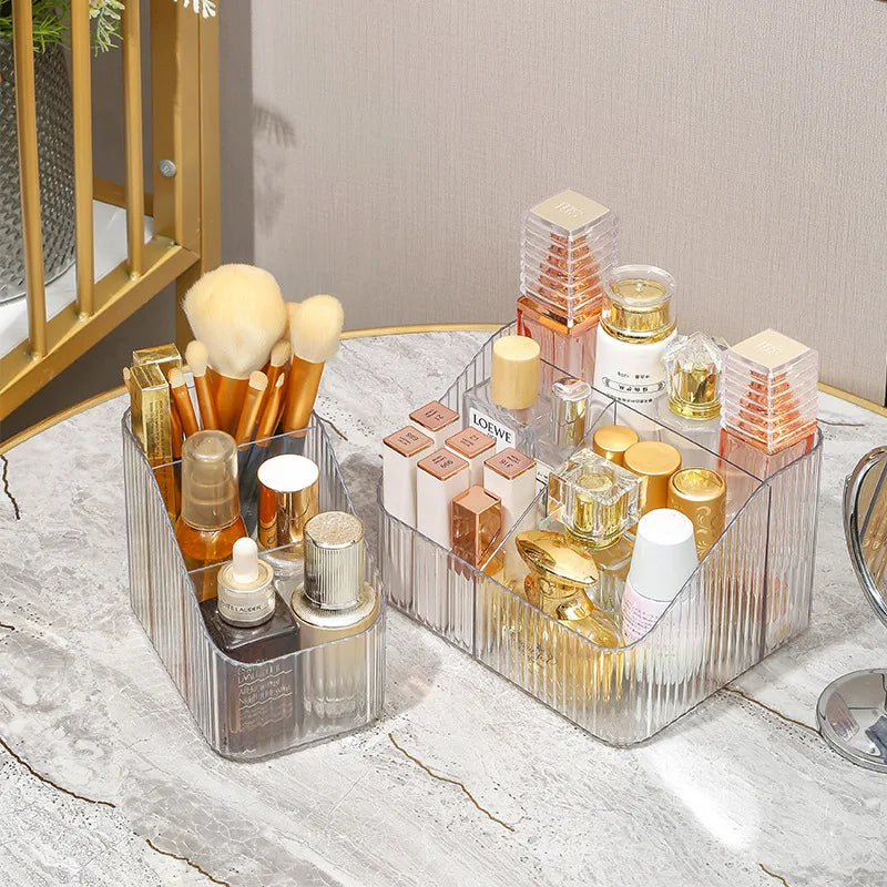 organisateur maquillage transparent moderne élégant brosse maquillage produits cosmétiques rayures verticales vert foncé doré