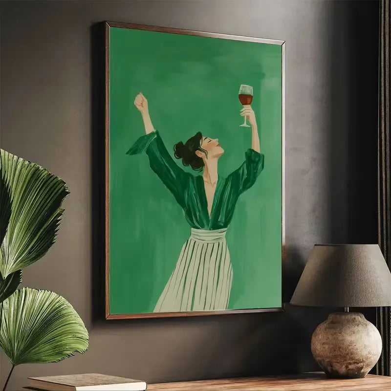 tableau moderne illustration femme verre vin rouge fond vert minimaliste chambre salon toile sans