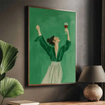 tableau moderne illustration femme verre vin rouge fond vert minimaliste chambre salon toile sans