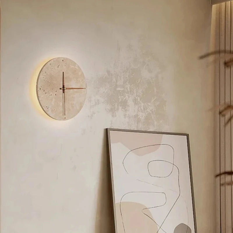 horloge murale pierre texturée minimaliste éclairage salle manger contemporaine fixée mur LED tricolore