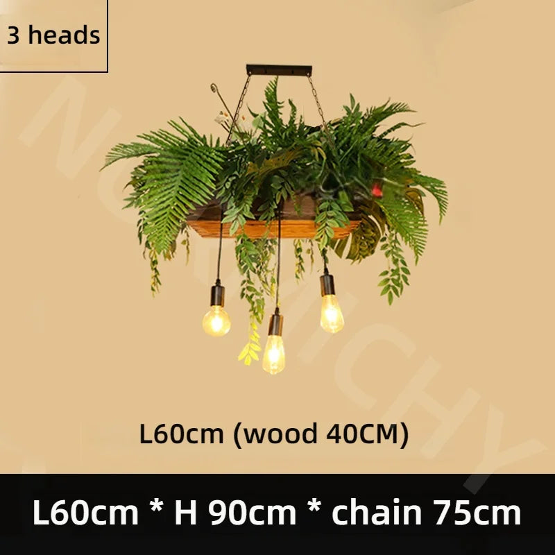 suspension lumineuse pendentif feuilles vertes cadre bois ampoules led vintage rustique chambre salon
