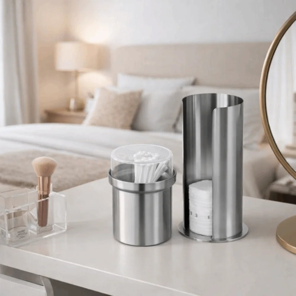 boîte rangement salle bain argentée moderne transparente coton tiges tampons réutilisable minimaliste efficace rangement
