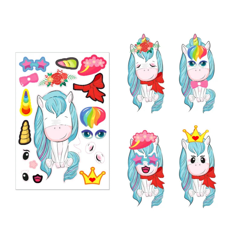 sticker enfant licorne dessin animé bleu blanc rose doré anniversaire fête activités jeu