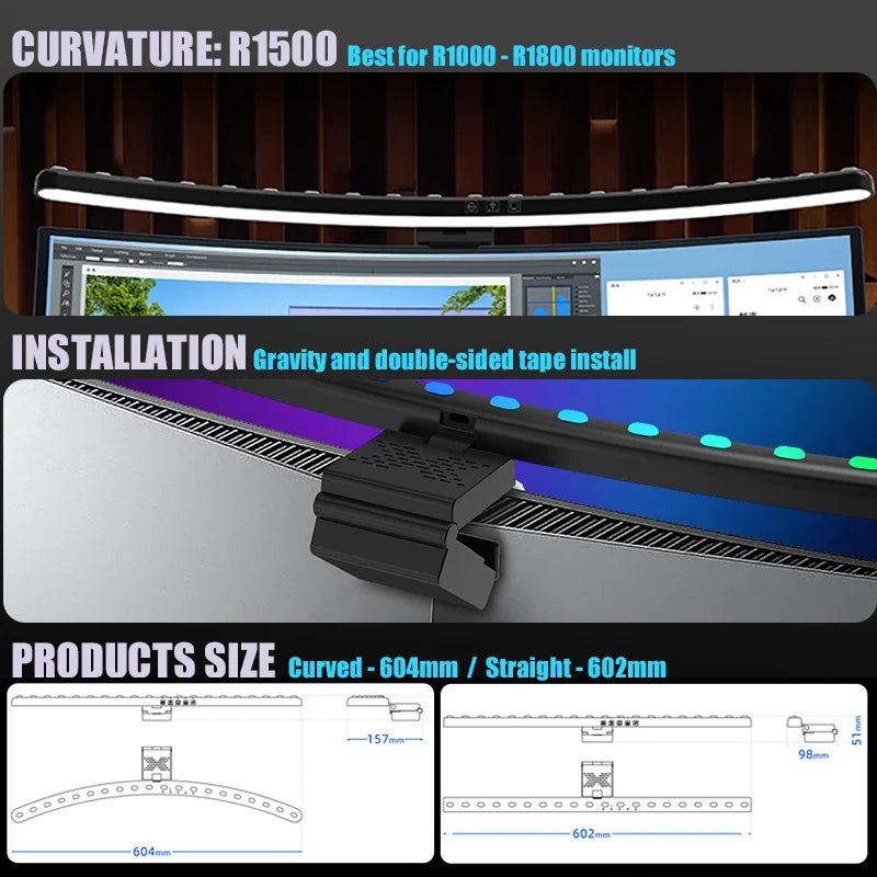 lampe barre lumière moniteur 60cm led rgb noir moderne clips contrôle USB