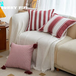 coussin carré rouge blanc rayures moderne tissage fin polyester coton tassels bord pressé occlusif