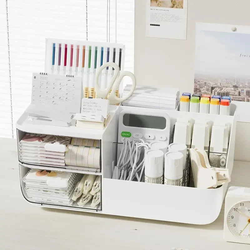 organisateur blanc minimaliste moderne compartiments transparents stylos calendrier papier kawaii multifonctionnel
