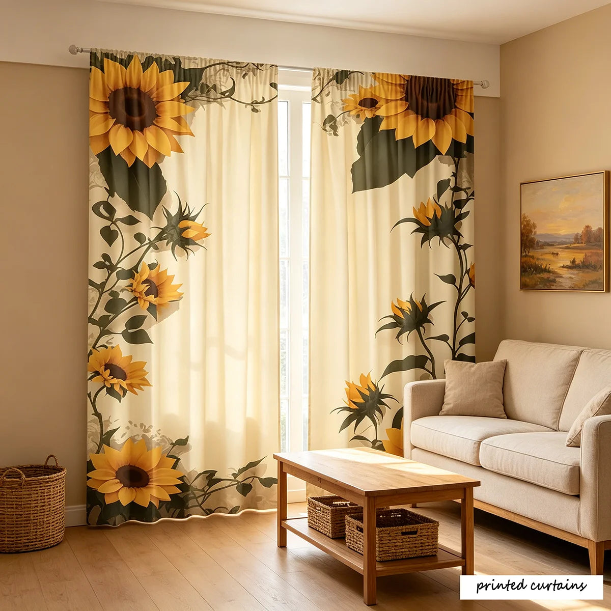 rideaux imprimés moderne fleurs tournesol jaune vert semi opaques maison