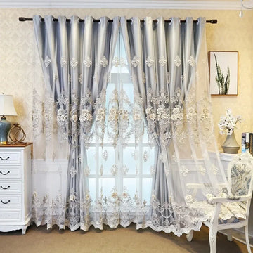 rideau gris brodé fleurs tissu polyester semi transparent classique élégant maison
